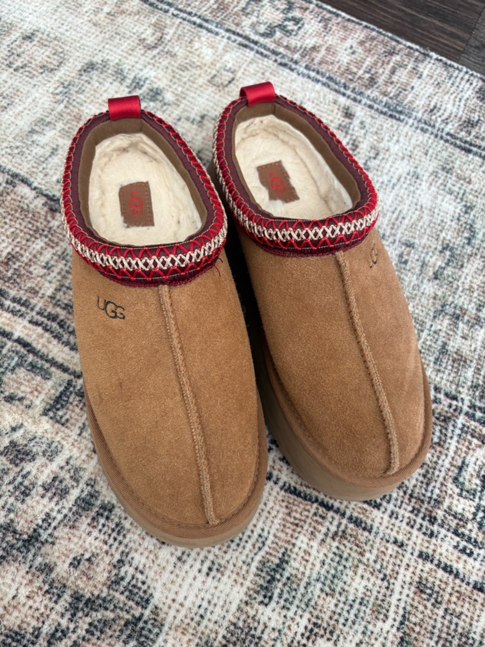 UGG Chestnut Suede Slip-On Mules with Red Trim